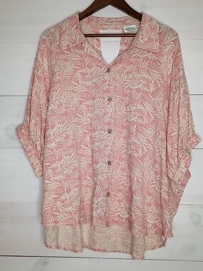 NewView Women's Large Pink & White Tropical Palm Leaf High-Low Button Down
